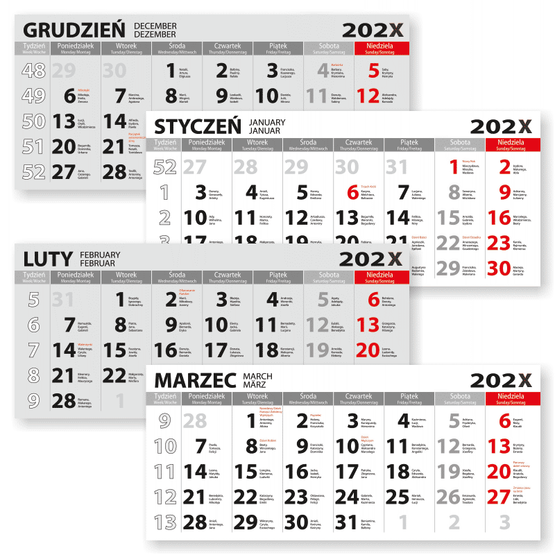 Czytelne kalendarium czterodzielne z imieninami i opisem ważnych dni w roku.